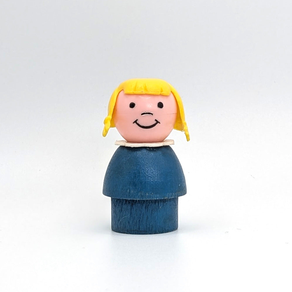 Girl - Blue Wood Body | Plastic Head | Yellow Pigtails - Fisher Price Little People