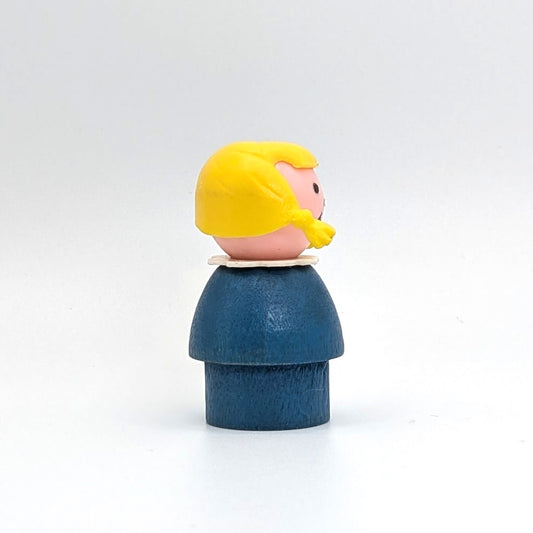 Girl - Blue Wood Body | Plastic Head | Yellow Pigtails - Fisher Price Little People