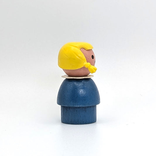 Girl - Blue Wood Body | Wood Head | Yellow Pigtails - Fisher Price Little People