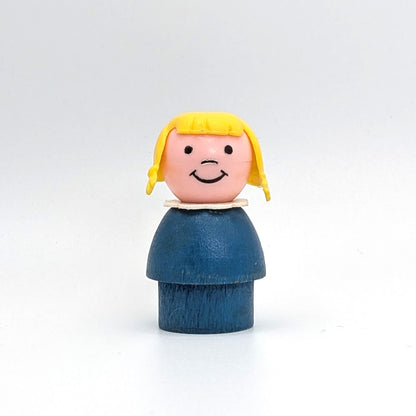 Girl - Blue Wood Body | Plastic Head | Yellow Pigtails - Fisher Price Little People