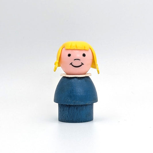 Girl - Blue Wood Body | Plastic Head | Yellow Pigtails - Fisher Price Little People