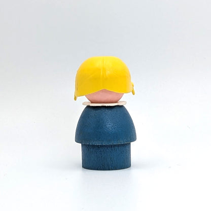 Girl - Blue Wood Body | Plastic Head | Yellow Pigtails - Fisher Price Little People