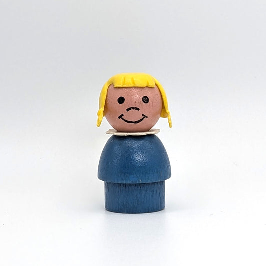 Girl - Blue Wood Body | Wood Head | Yellow Pigtails - Fisher Price Little People