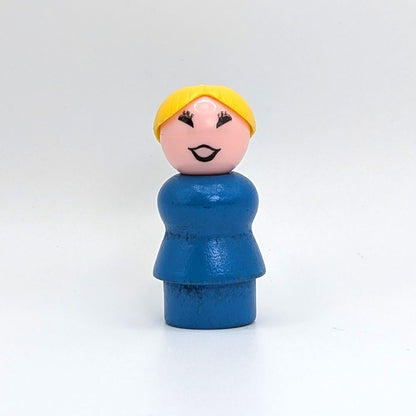 Woman - Blue Wood Body | Plastic Head | Slanted Eyes - Fisher Price Little People