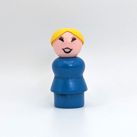 Woman - Blue Wood Body | Plastic Head | Slanted Eyes - Fisher Price Little People